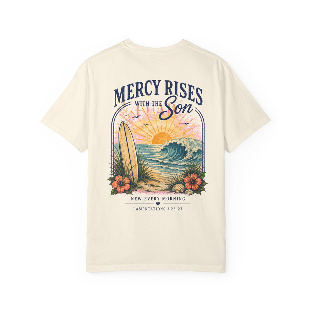 Mercy Rises Tee — Sunrise Surf Christian T-Shirt (Lamentations 3:22-23)