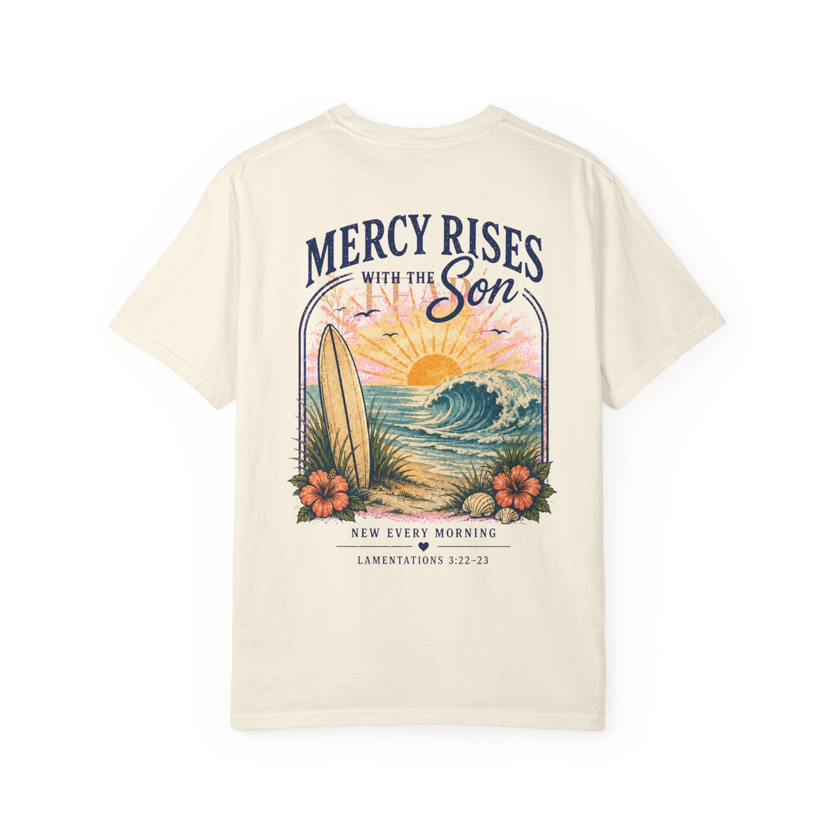 Mercy Rises Tee — Sunrise Surf Christian T-Shirt (Lamentations 3:22-23)