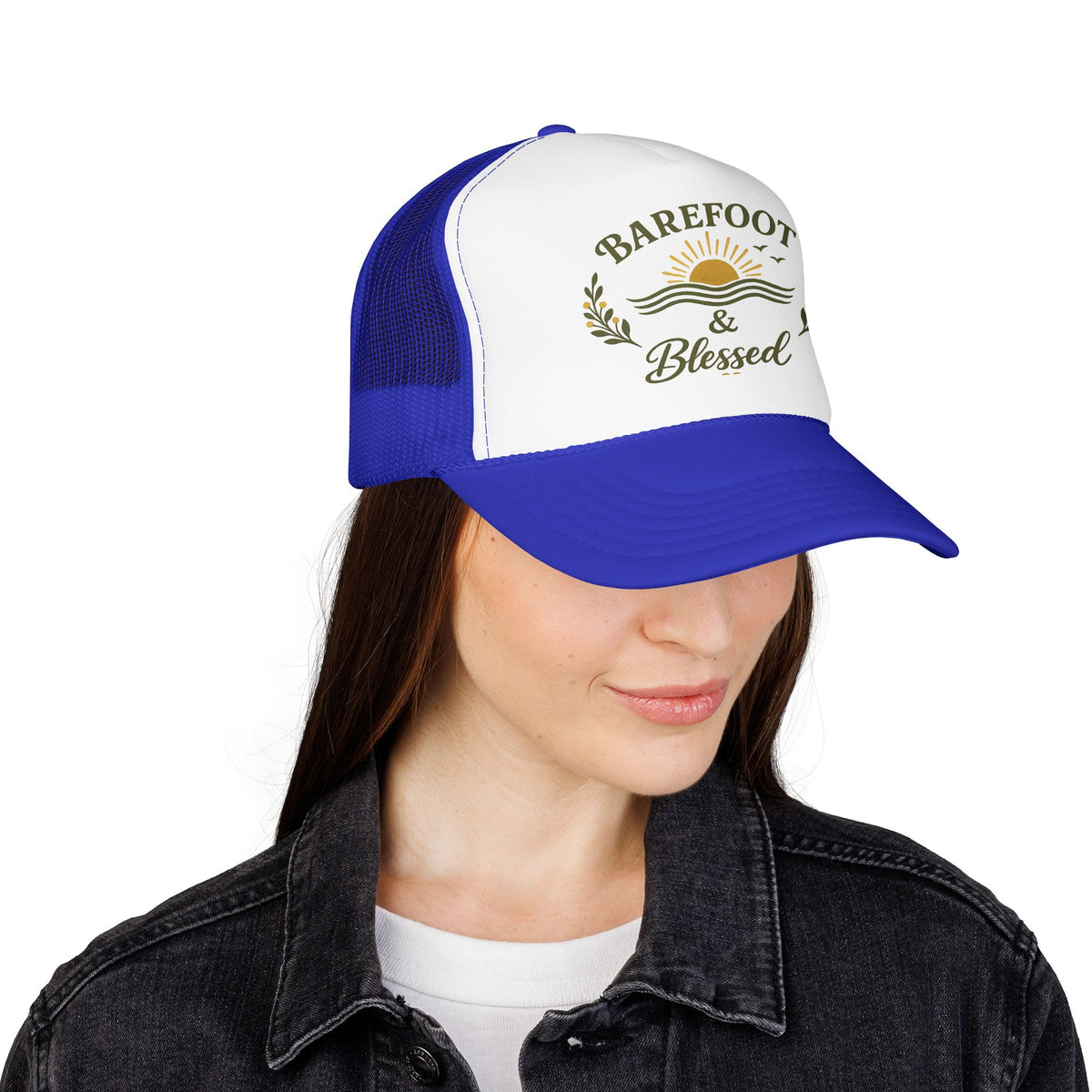 Barefoot & Blessed™ Coastal Christian Trucker Hat | Women's Boutique Beach Snapback | Faith Lifestyle Hat | Still Blessed Co.