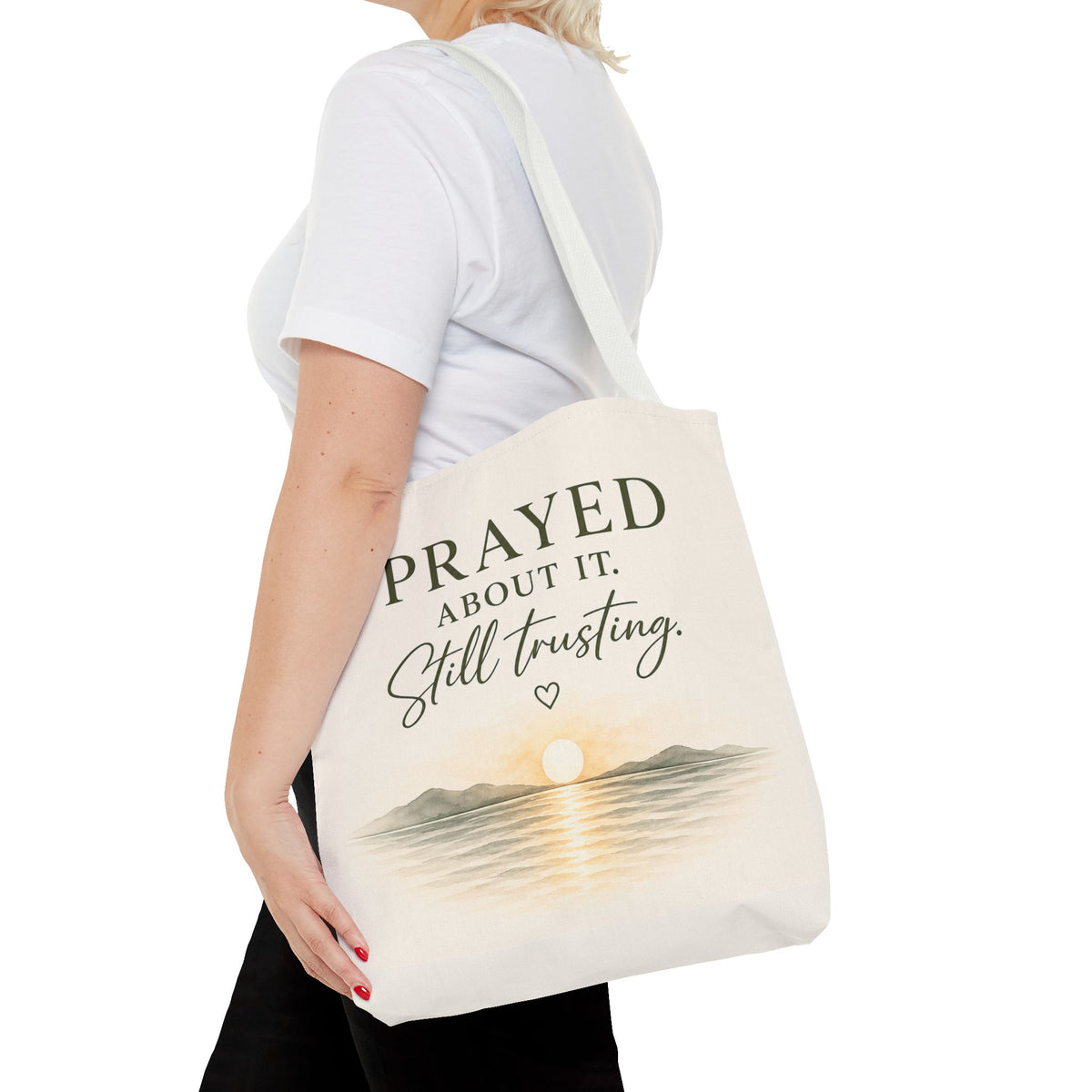 Prayed About It. Still Trusting.™ Double-Sided Faith Tote Bag | Minimalist Christian Canvas Tote | Coastal Watercolor Gift for Women