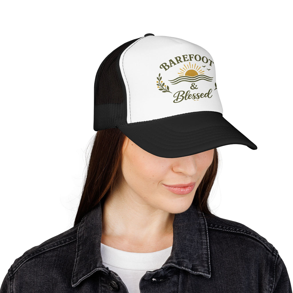 Barefoot & Blessed™ Coastal Christian Trucker Hat | Women's Boutique Beach Snapback | Faith Lifestyle Hat | Still Blessed Co.