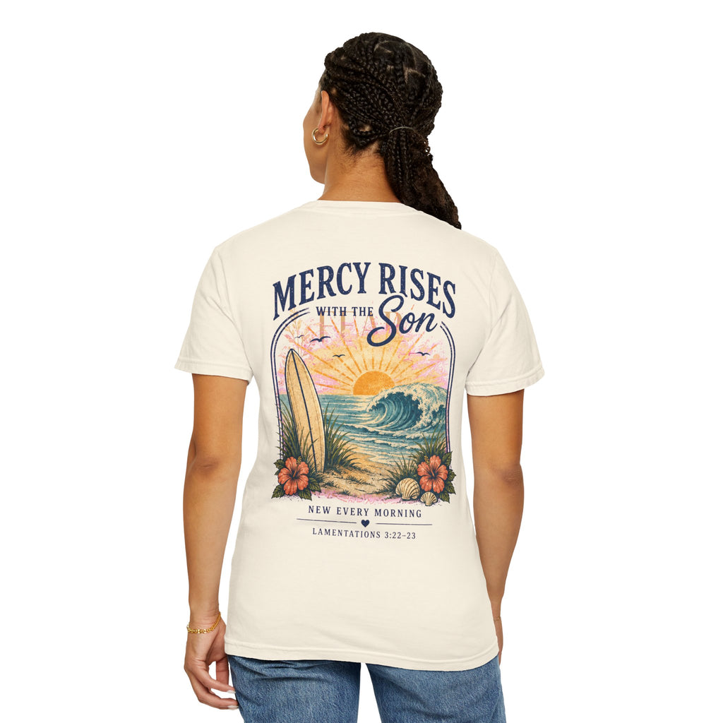 Mercy Rises Tee — Sunrise Surf Christian T-Shirt (Lamentations 3:22-23)