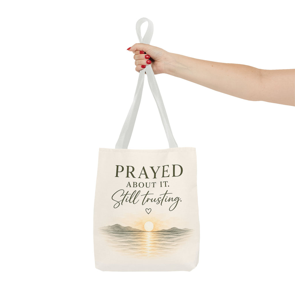 Prayed About It. Still Trusting.™ Double-Sided Faith Tote Bag | Minimalist Christian Canvas Tote | Coastal Watercolor Gift for Women