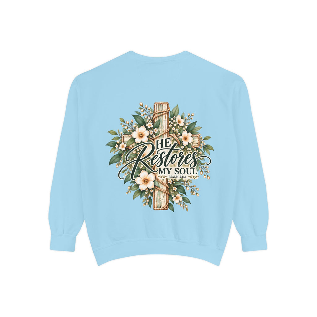 He Restores My Soul Sweatshirt | Psalm 23:3 Christian Crewneck | Botanical Faith Sweatshirt | Christian Gift for Women