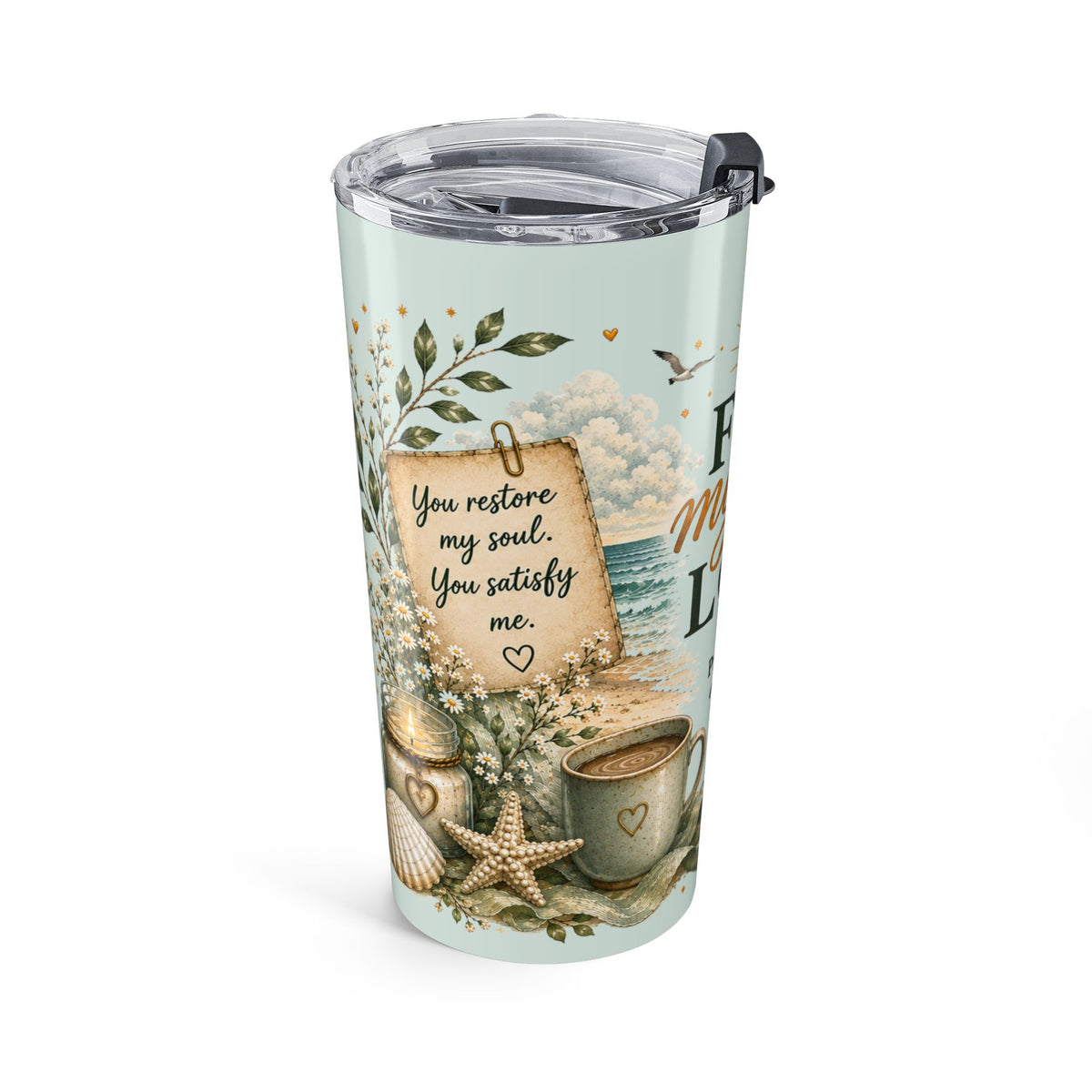Fill My Cup, Lord™ Coastal Scripture Tumbler | Psalm 23:5 | 20 oz Insulated Travel Cup