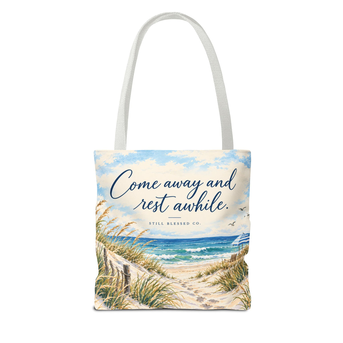 Be Still & Know™ Double-Sided Coastal Tote Bag | Psalm 46:10 Christian Canvas Tote | Beach Path Watercolor Bag | Boutique Gift for Women