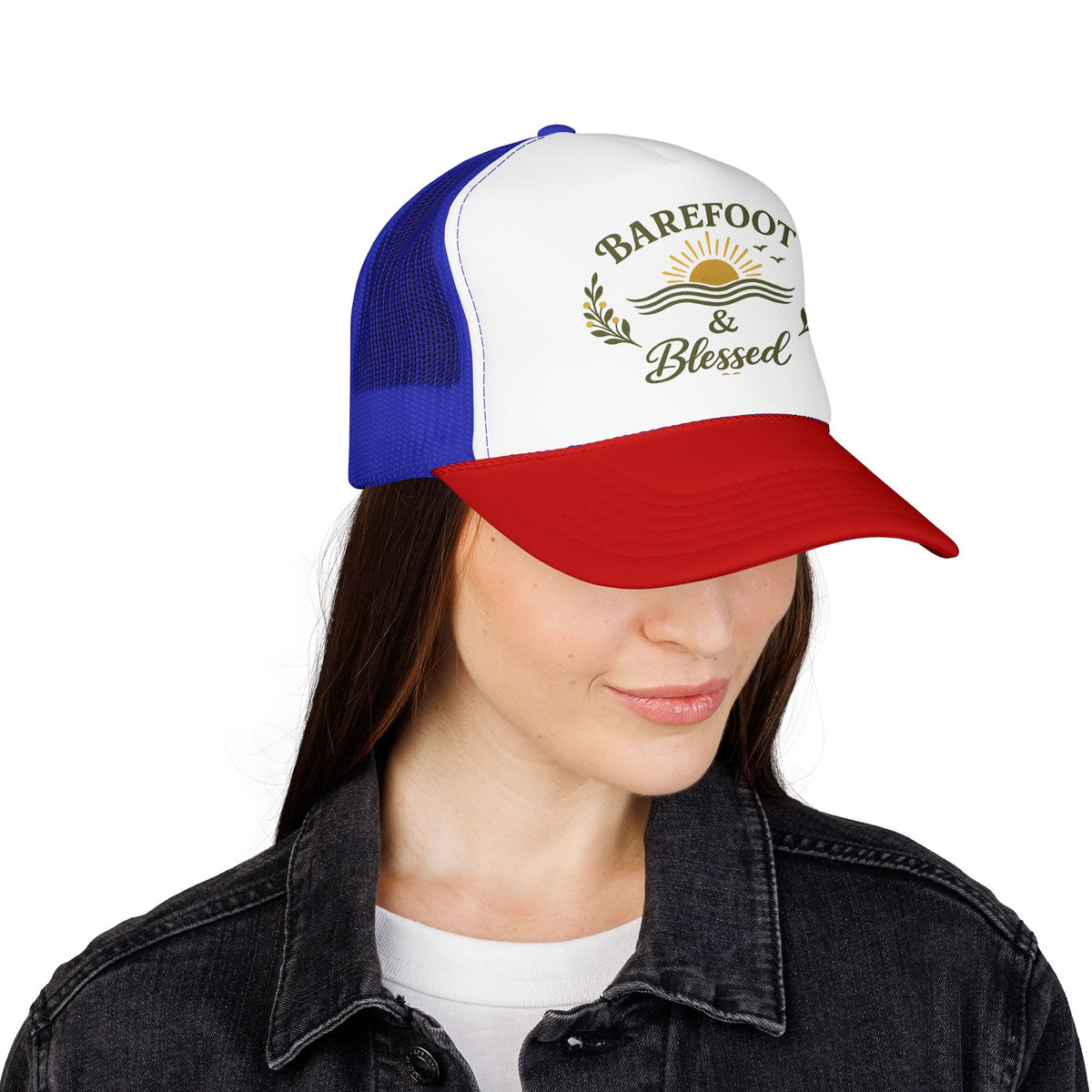 Barefoot & Blessed™ Coastal Christian Trucker Hat | Women's Boutique Beach Snapback | Faith Lifestyle Hat | Still Blessed Co.