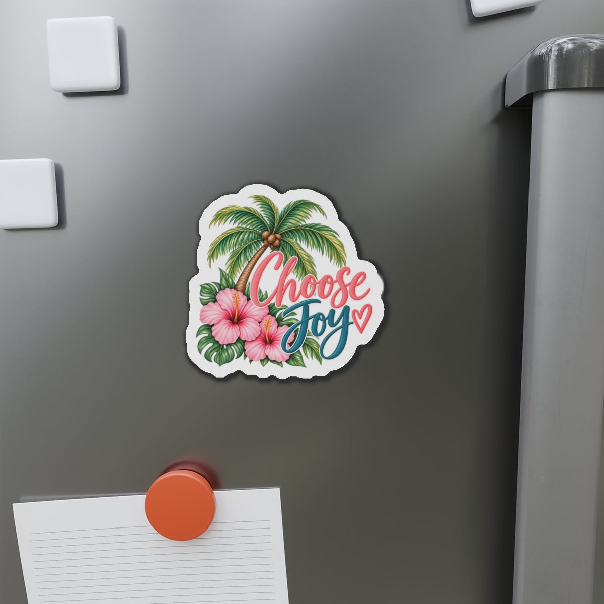 Choose Joy Tropical Die-Cut Magnet — Palm Tree & Hibiscus Refrigerator Sticker