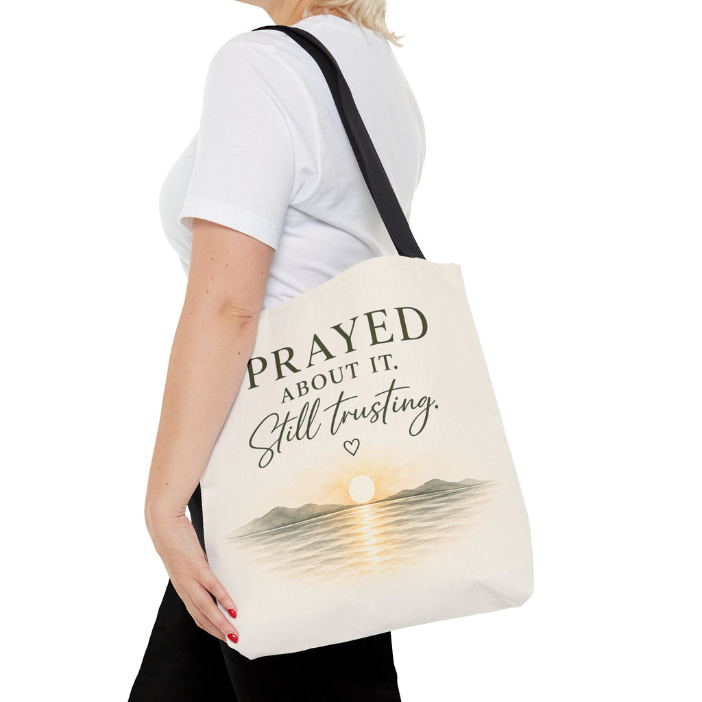 Prayed About It. Still Trusting.™ Double-Sided Faith Tote Bag | Minimalist Christian Canvas Tote | Coastal Watercolor Gift for Women