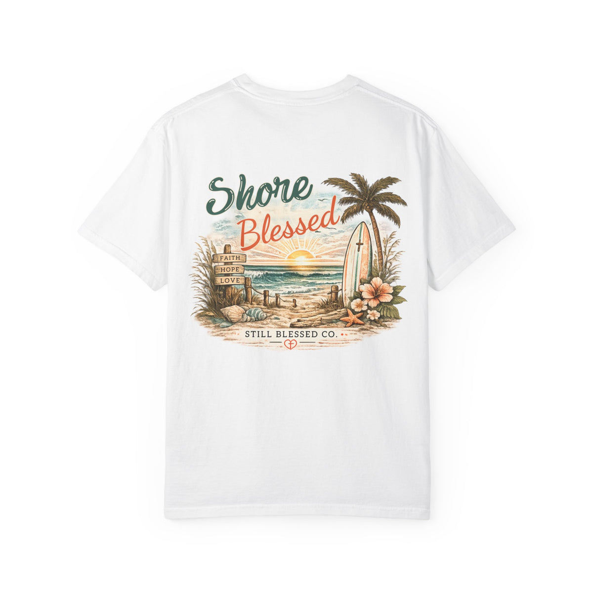 Shore Blessed Comfort Colors® Christian T-Shirt | Coastal Faith Shirt | Beach Christian Tee | Surf Inspired Bible Shirt | Still Blessed Co.
