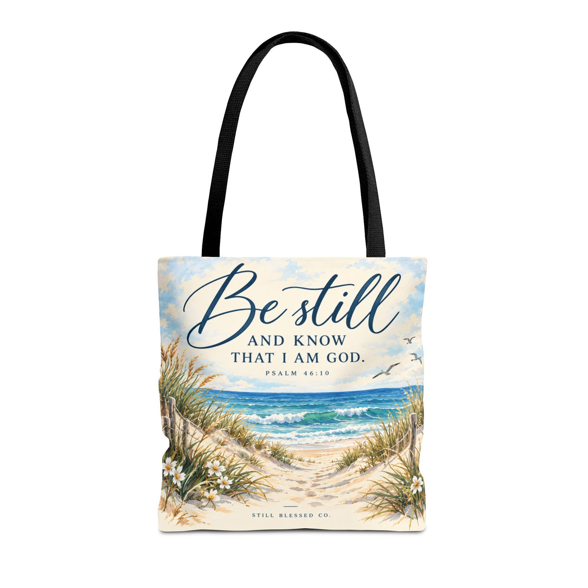 Be Still & Know™ Double-Sided Coastal Tote Bag | Psalm 46:10 Christian Canvas Tote | Beach Path Watercolor Bag | Boutique Gift for Women