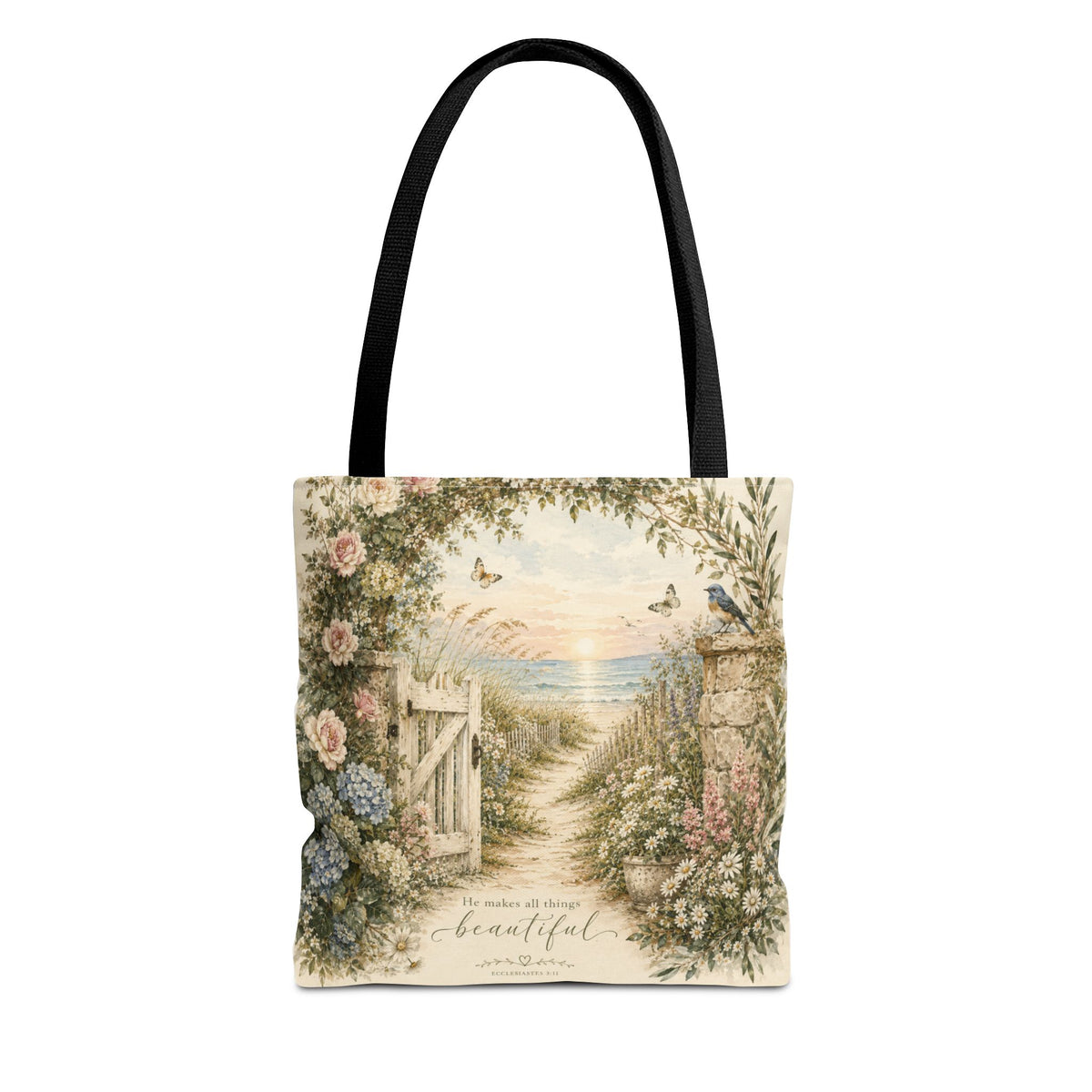 Secret Garden to the Sea™ Double-Sided Coastal Tote Bag | Botanical Beach Canvas Tote | Cottagecore Market Bag | Elegant Gift for Women