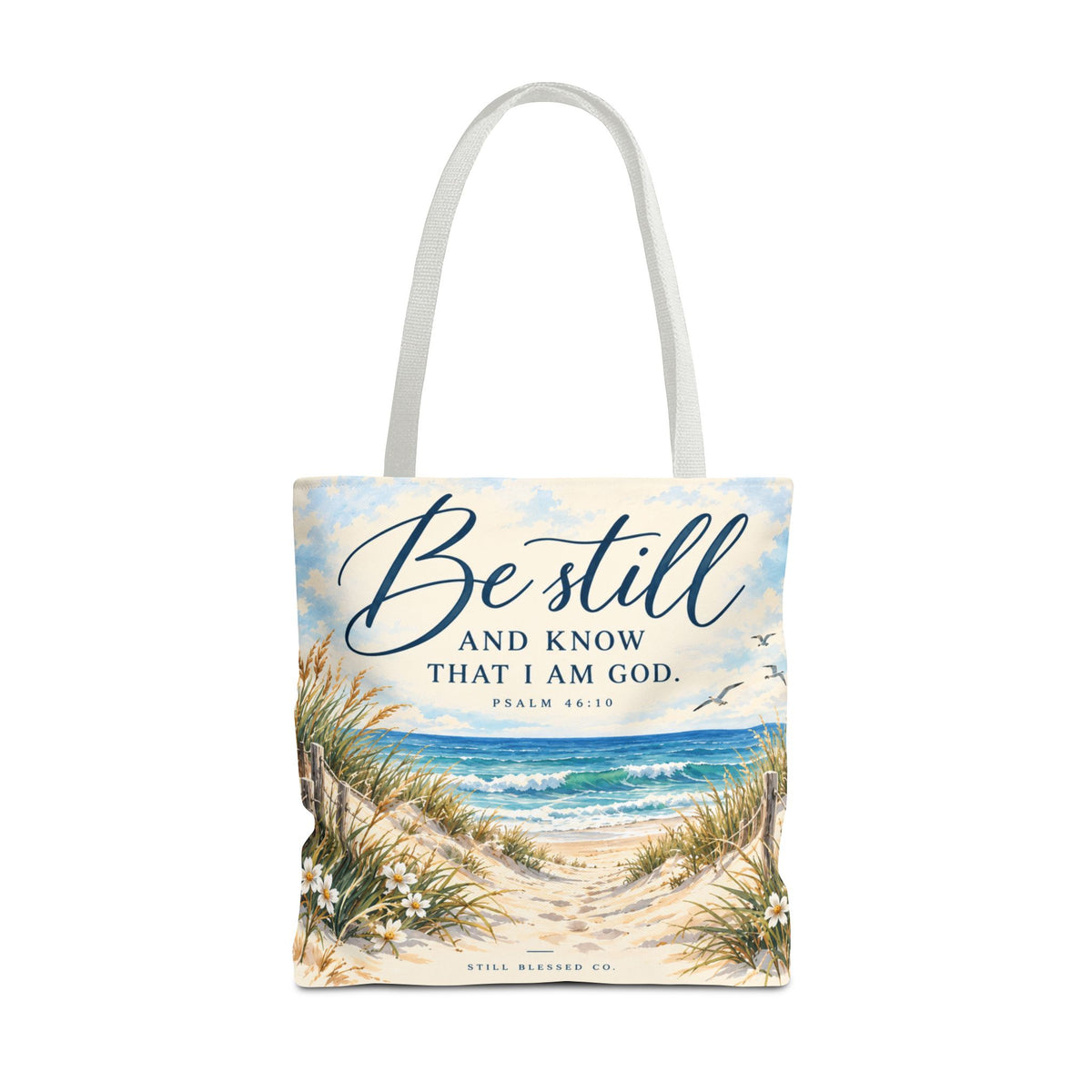 Be Still & Know™ Double-Sided Coastal Tote Bag | Psalm 46:10 Christian Canvas Tote | Beach Path Watercolor Bag | Boutique Gift for Women