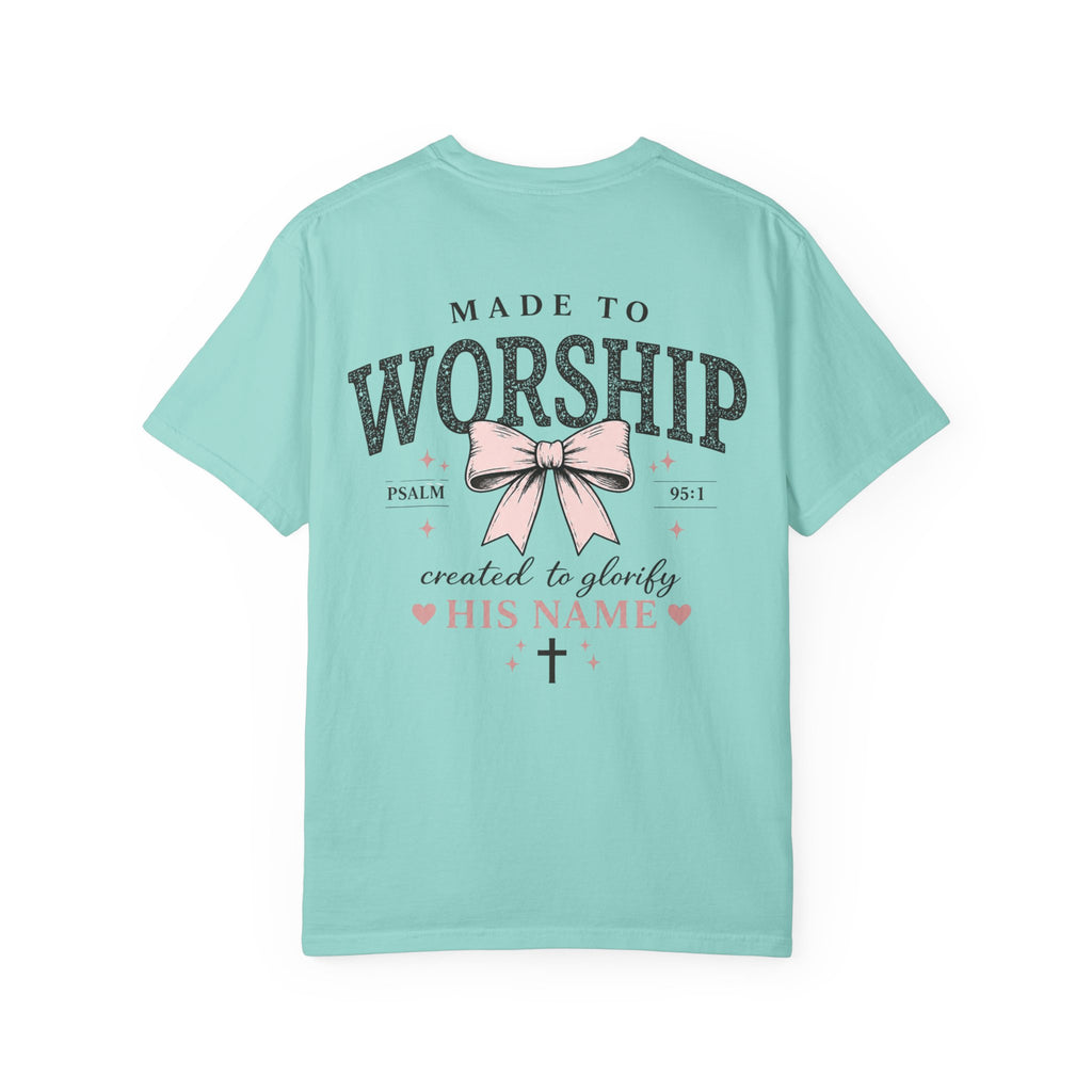 Made to Worship | Psalm 95:1 | Christian Bow T-Shirt | Vintage Faith Graphic Tee for Women