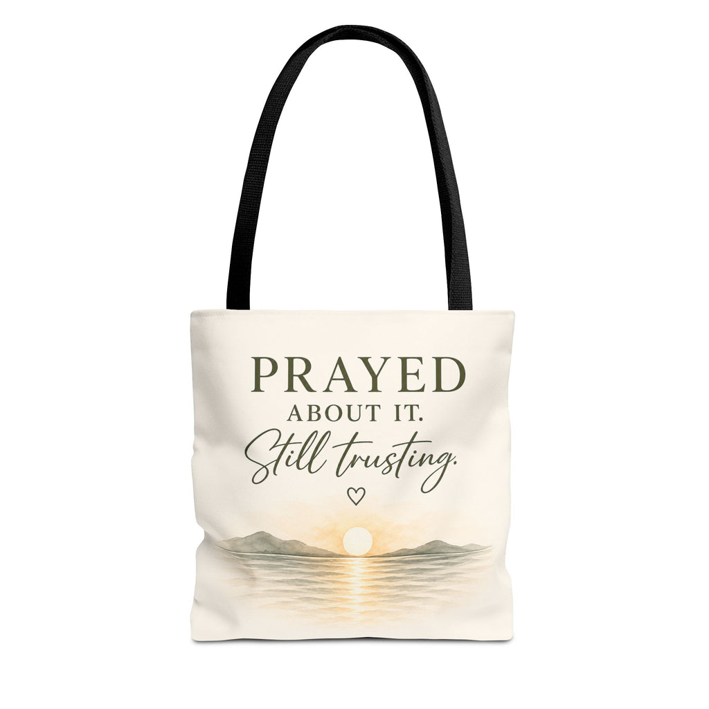 Prayed About It. Still Trusting.™ Double-Sided Faith Tote Bag | Minimalist Christian Canvas Tote | Coastal Watercolor Gift for Women