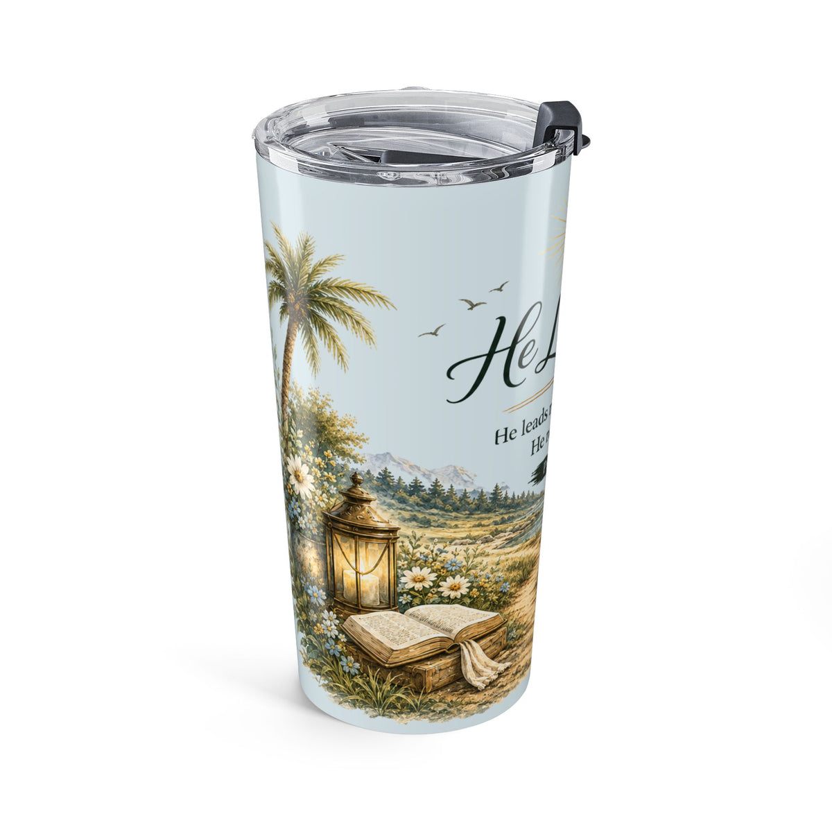 He Leads Me Coastal Scripture Tumbler | Psalm 23:2–3 | 20 oz Insulated Christian Travel Cup