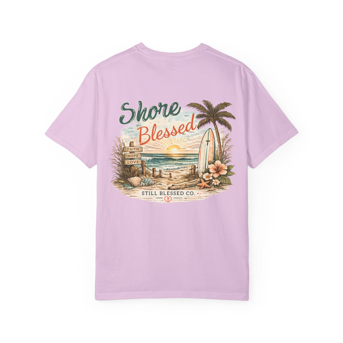 Shore Blessed Comfort Colors® Christian T-Shirt | Coastal Faith Shirt | Beach Christian Tee | Surf Inspired Bible Shirt | Still Blessed Co.