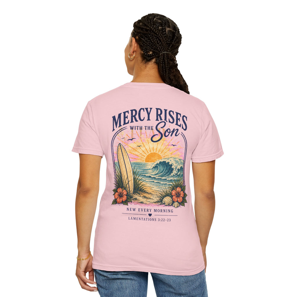 Mercy Rises Tee — Sunrise Surf Christian T-Shirt (Lamentations 3:22-23)