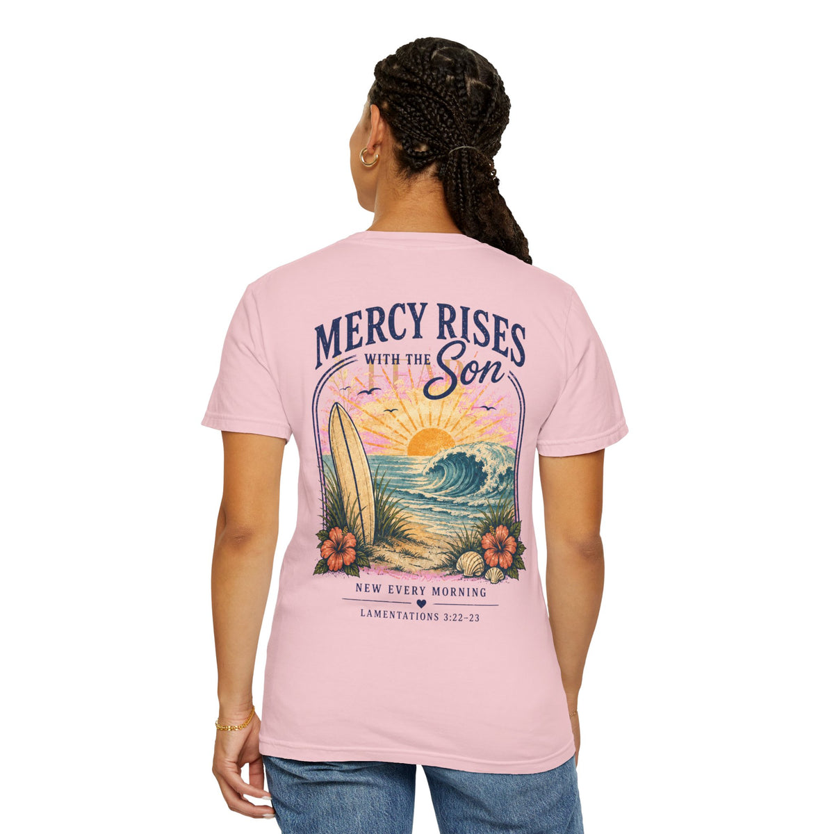 Mercy Rises Tee — Sunrise Surf Christian T-Shirt (Lamentations 3:22-23)