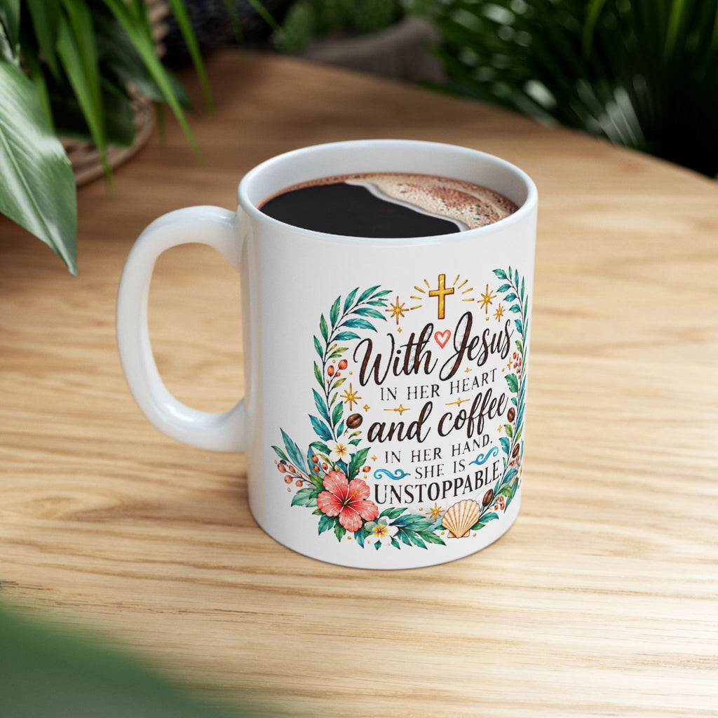 Inspirational Coffee Mug — "With Jesus in My Heart & Coffee in My Hand" Floral Ceramic Mug