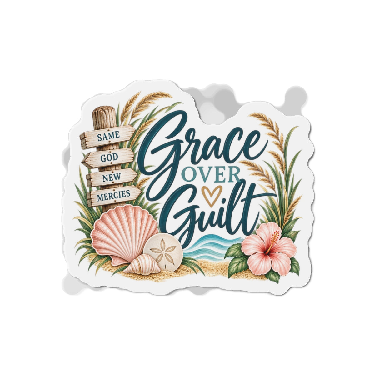Grace Over Guilt Die-Cut Magnet — Inspirational Beach Shells Design