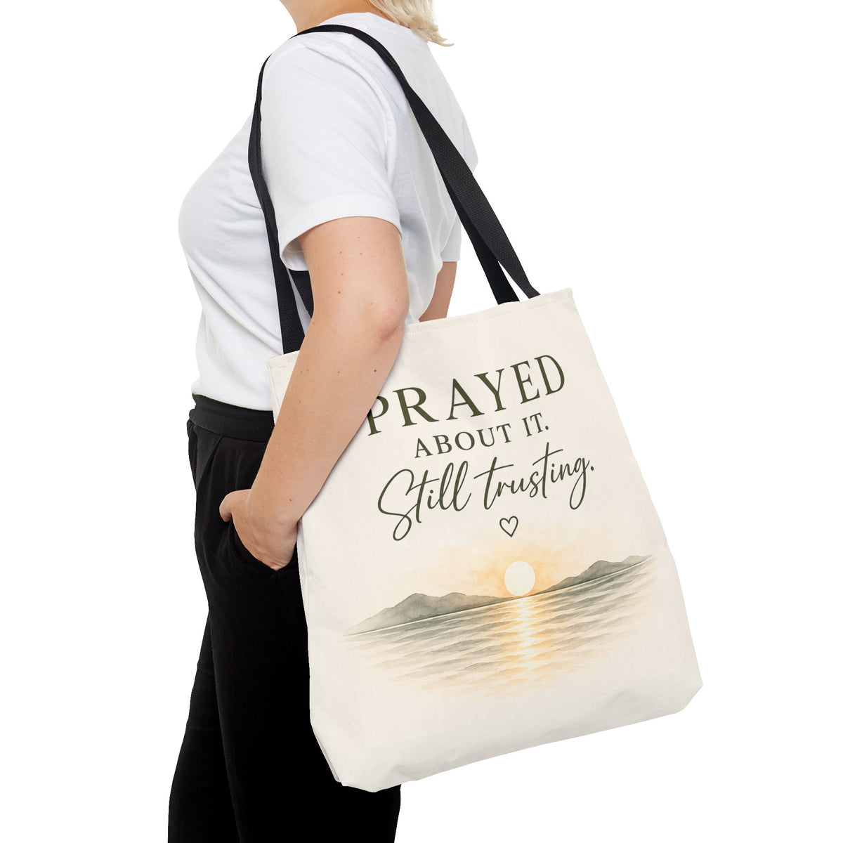 Prayed About It. Still Trusting.™ Double-Sided Faith Tote Bag | Minimalist Christian Canvas Tote | Coastal Watercolor Gift for Women