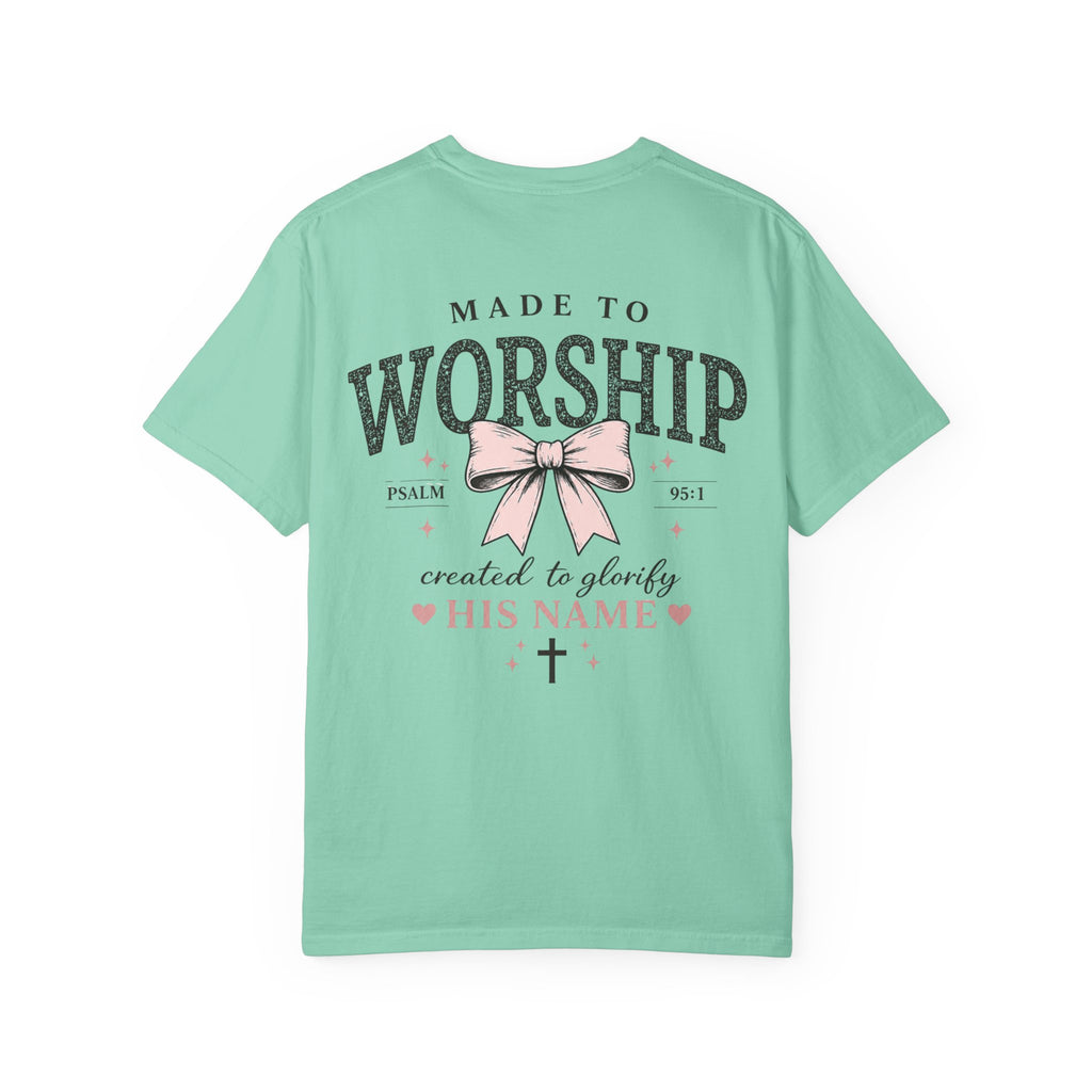 Made to Worship | Psalm 95:1 | Christian Bow T-Shirt | Vintage Faith Graphic Tee for Women