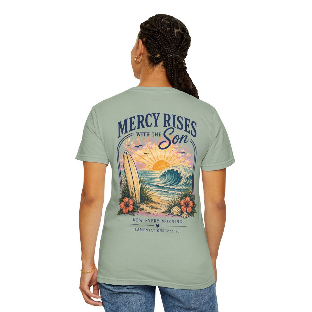 Mercy Rises Tee — Sunrise Surf Christian T-Shirt (Lamentations 3:22-23)
