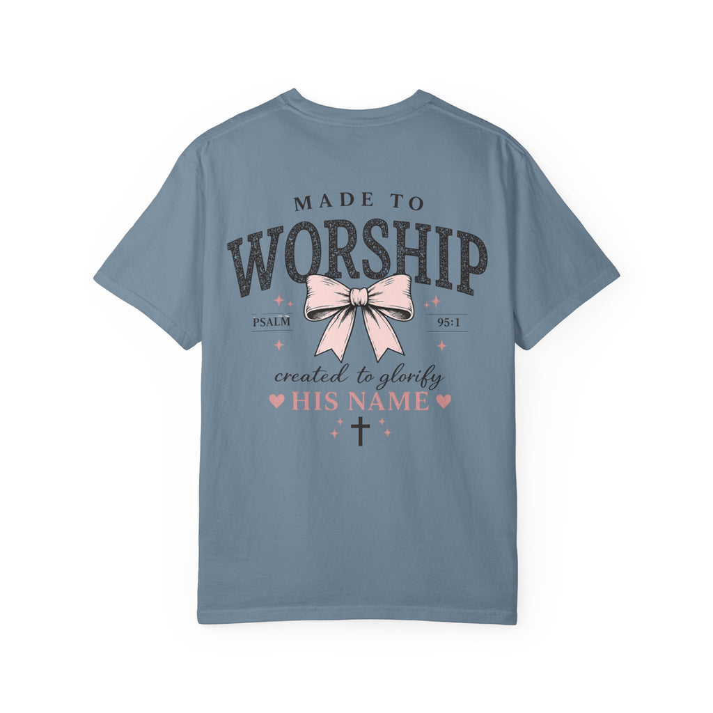 Made to Worship | Psalm 95:1 | Christian Bow T-Shirt | Vintage Faith Graphic Tee for Women