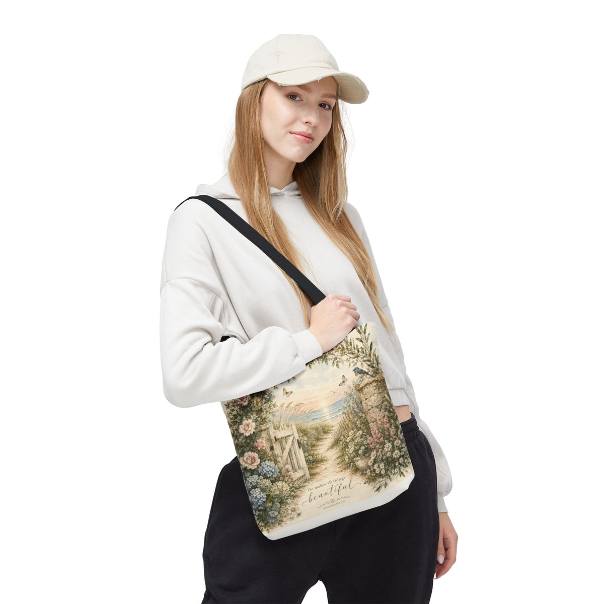 Secret Garden to the Sea™ Double-Sided Coastal Tote Bag | Botanical Beach Canvas Tote | Cottagecore Market Bag | Elegant Gift for Women