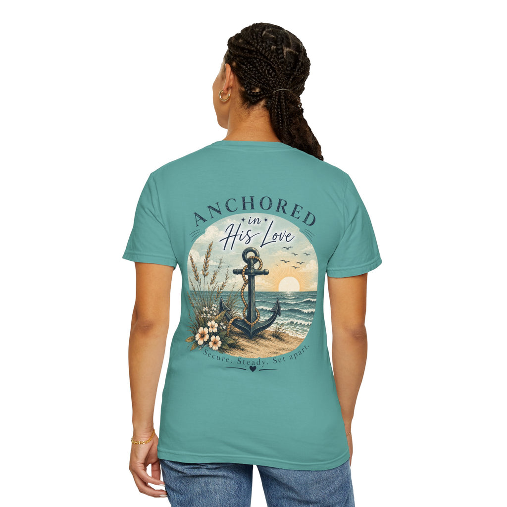 Anchored in His Love Comfort Colors® Tee | Christian Coastal T-Shirt | Faith-Based Beach Shirt | Matthew 19:26 | Still Blessed Co.