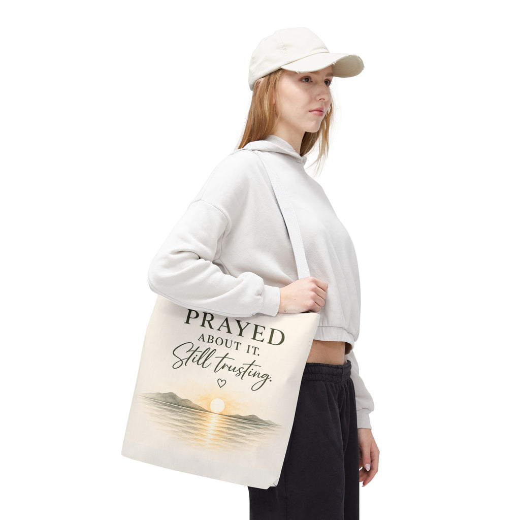 Prayed About It. Still Trusting.™ Double-Sided Faith Tote Bag | Minimalist Christian Canvas Tote | Coastal Watercolor Gift for Women