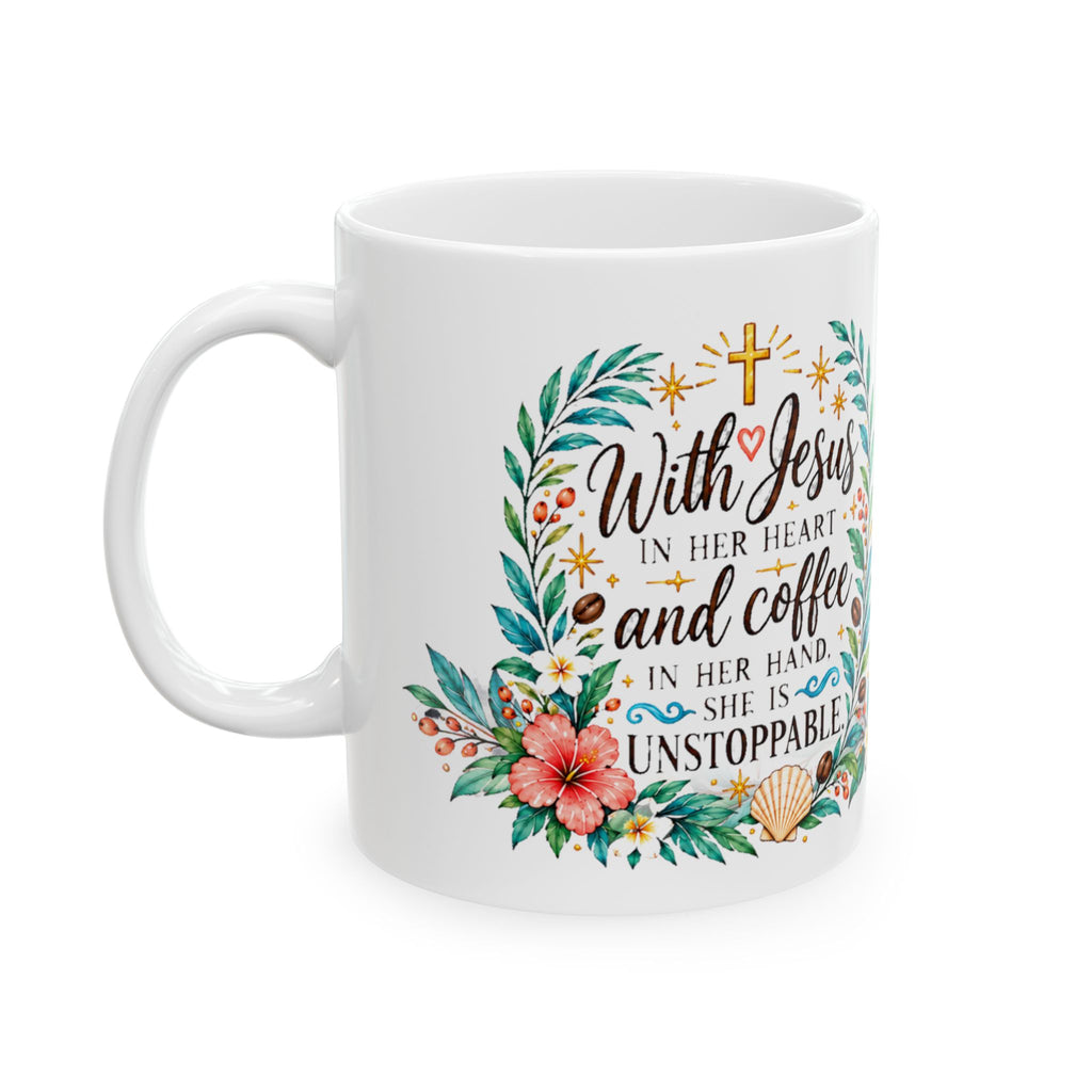 Inspirational Coffee Mug — "With Jesus in My Heart & Coffee in My Hand" Floral Ceramic Mug