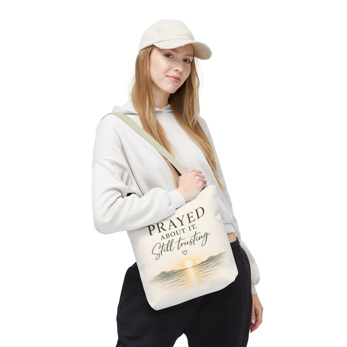 Prayed About It. Still Trusting.™ Double-Sided Faith Tote Bag | Minimalist Christian Canvas Tote | Coastal Watercolor Gift for Women