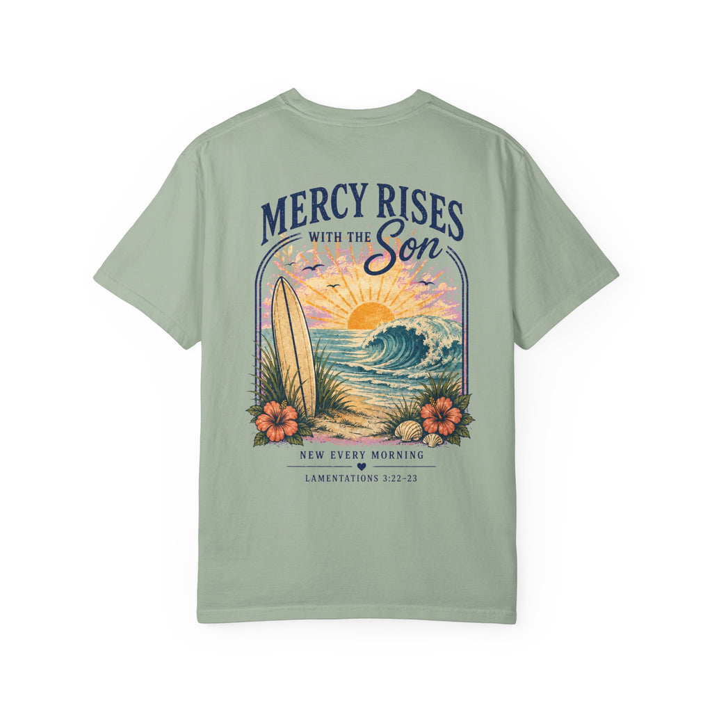 Mercy Rises Tee — Sunrise Surf Christian T-Shirt (Lamentations 3:22-23)