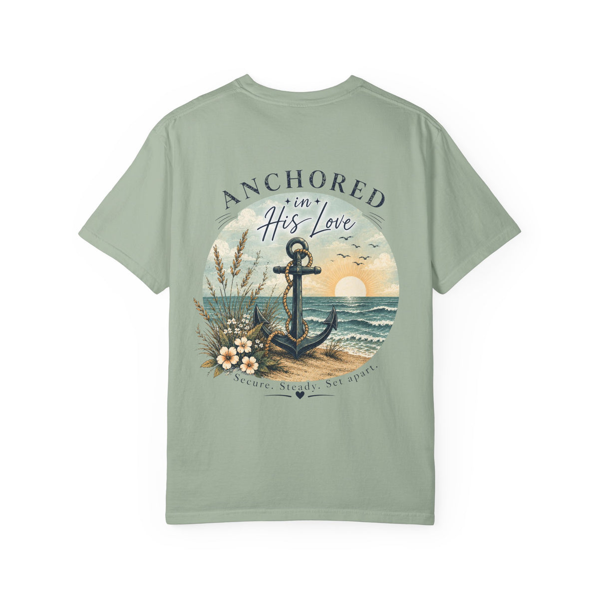 Anchored in His Love Comfort Colors® Tee | Christian Coastal T-Shirt | Faith-Based Beach Shirt | Matthew 19:26 | Still Blessed Co.