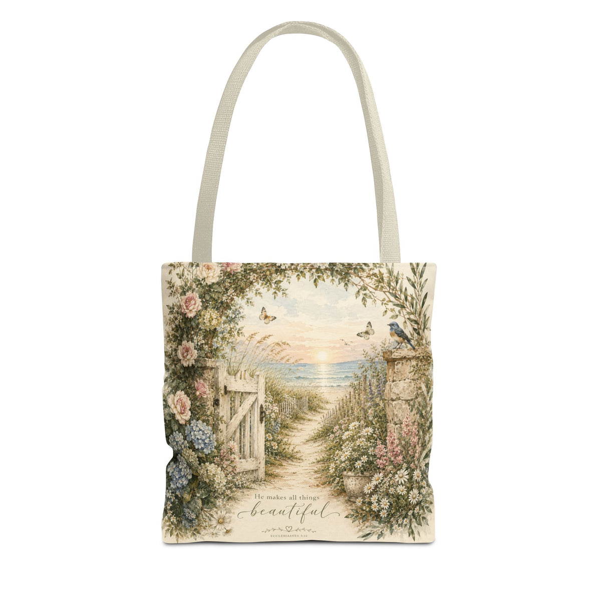 Secret Garden to the Sea™ Double-Sided Coastal Tote Bag | Botanical Beach Canvas Tote | Cottagecore Market Bag | Elegant Gift for Women