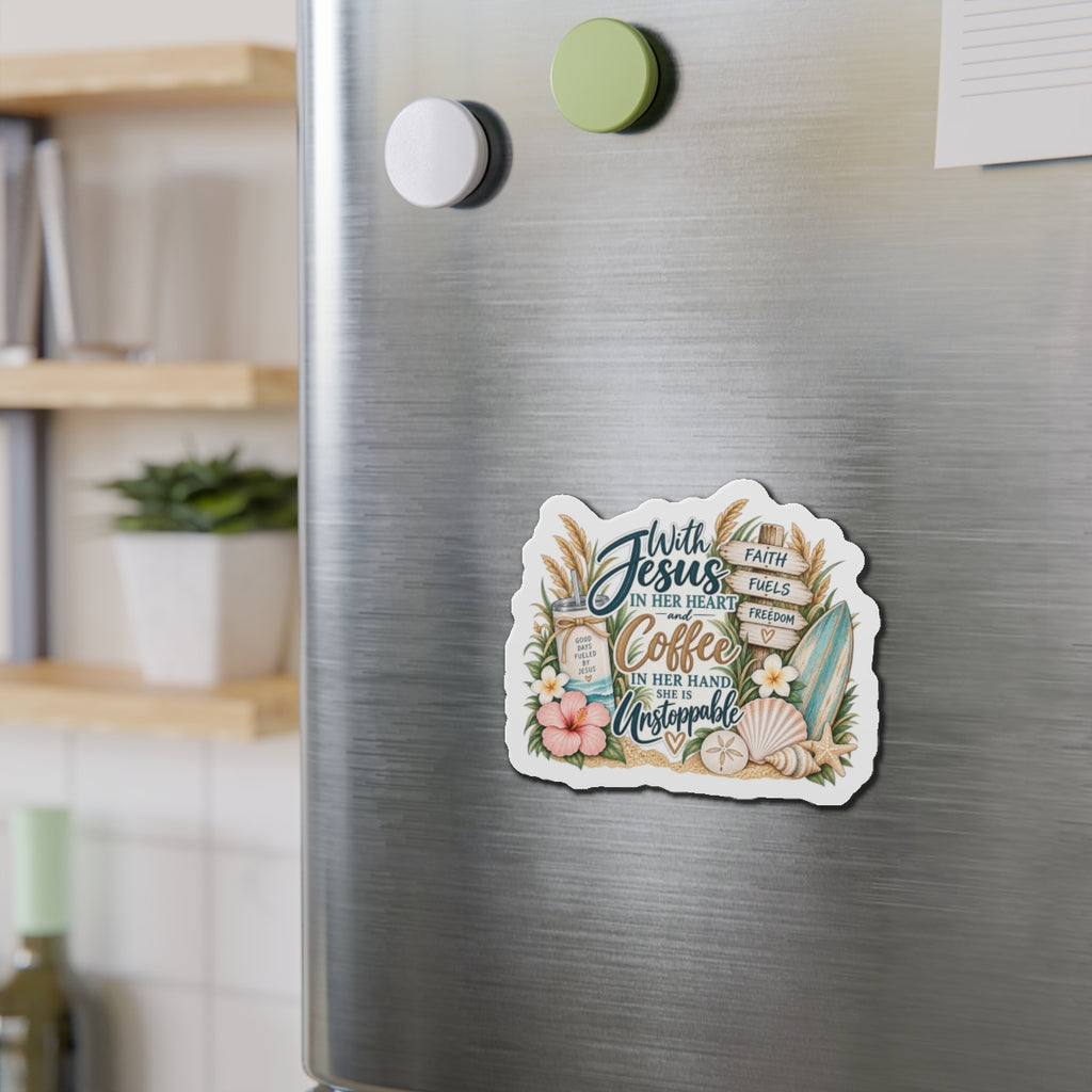 With Jesus in Her Heart & Coffee in Her Hand - Faith Coastal Die-Cut Magnet