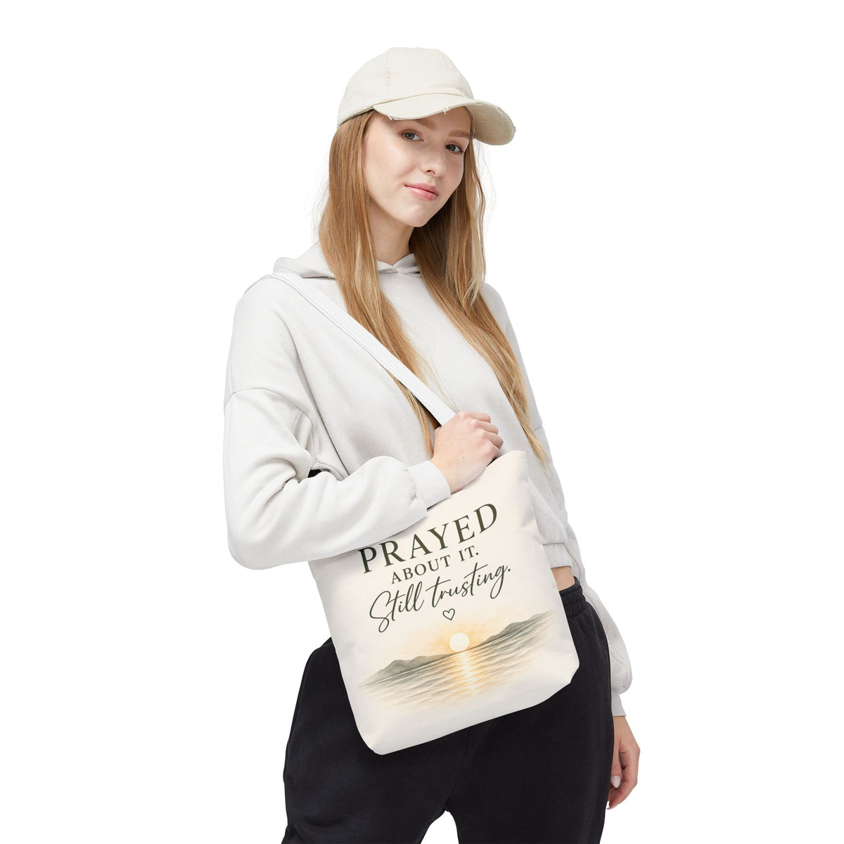 Prayed About It. Still Trusting.™ Double-Sided Faith Tote Bag | Minimalist Christian Canvas Tote | Coastal Watercolor Gift for Women