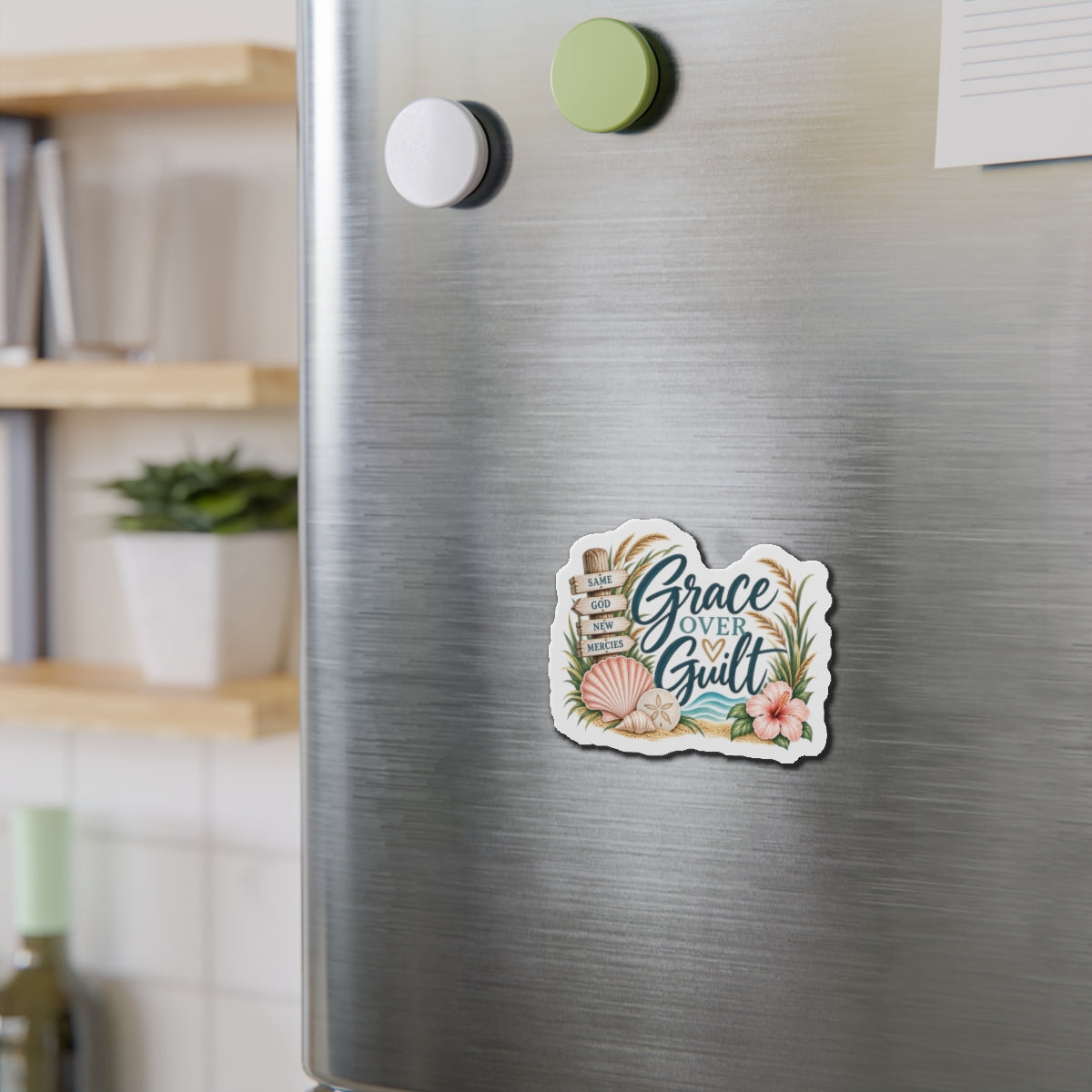 Grace Over Guilt Die-Cut Magnet — Inspirational Beach Shells Design