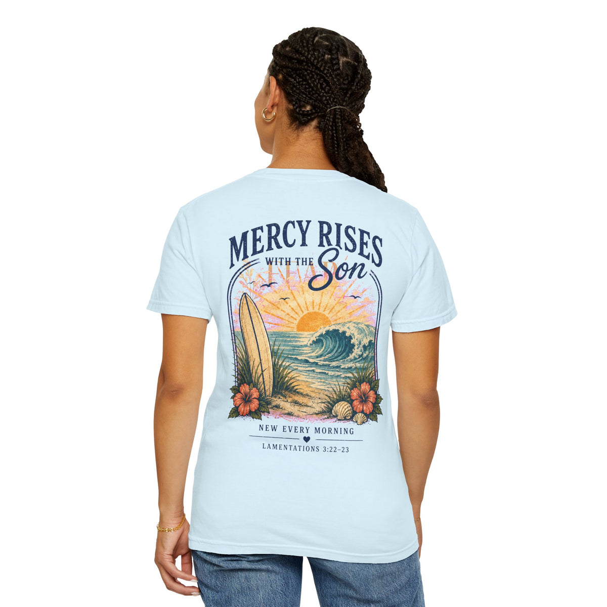 Mercy Rises Tee — Sunrise Surf Christian T-Shirt (Lamentations 3:22-23)