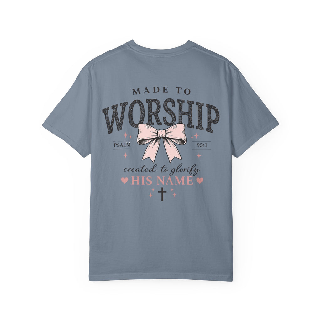 Made to Worship | Psalm 95:1 | Christian Bow T-Shirt | Vintage Faith Graphic Tee for Women