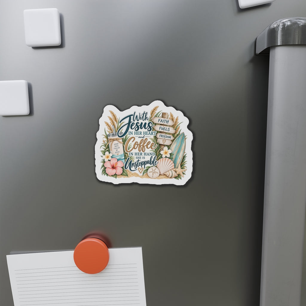 With Jesus in Her Heart & Coffee in Her Hand - Faith Coastal Die-Cut Magnet