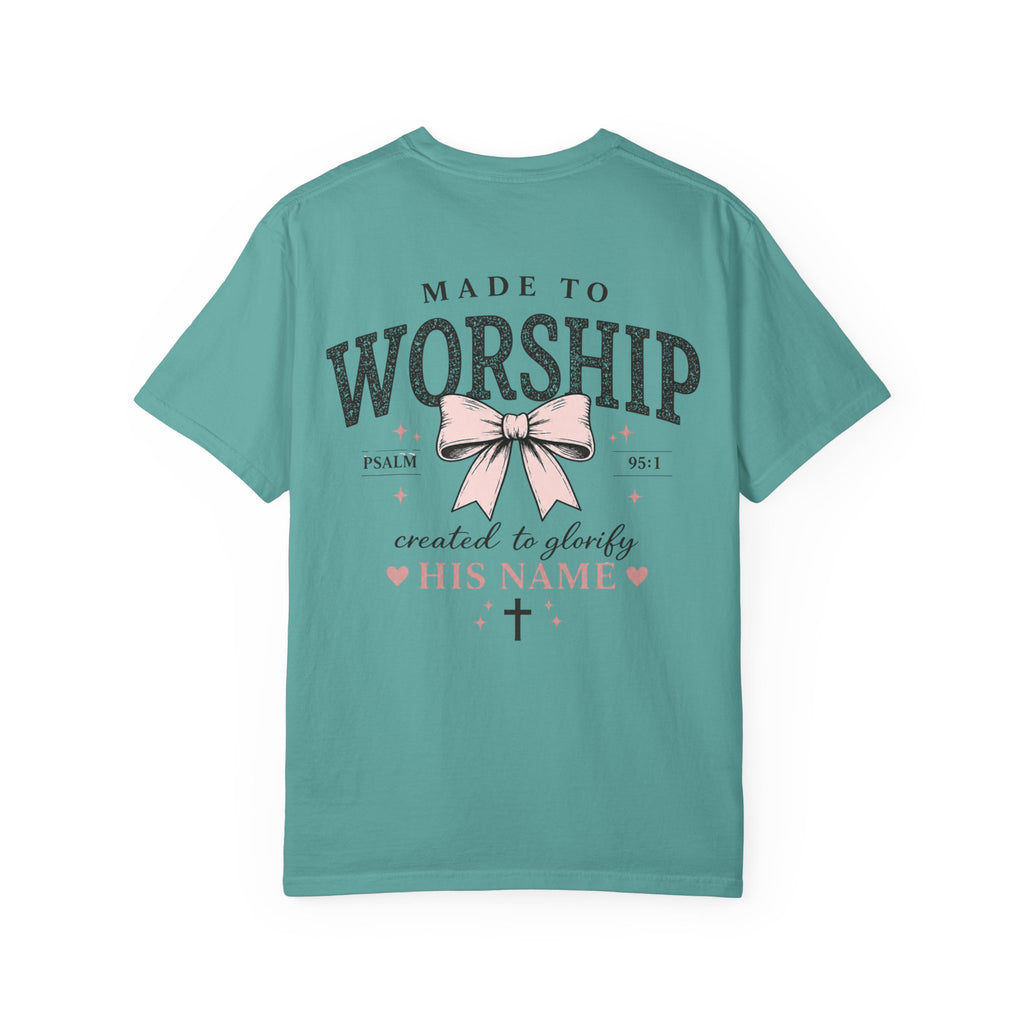 Made to Worship | Psalm 95:1 | Christian Bow T-Shirt | Vintage Faith Graphic Tee for Women