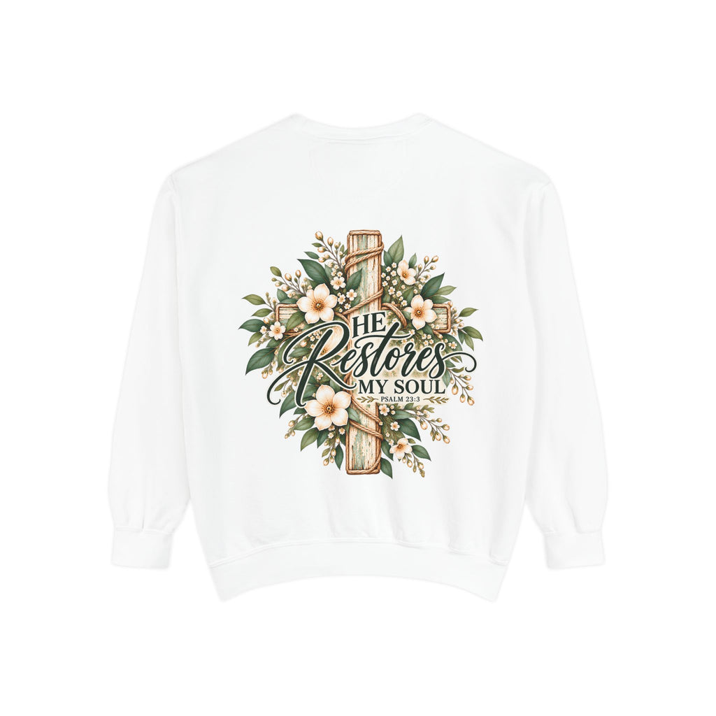 He Restores My Soul Sweatshirt | Psalm 23:3 Christian Crewneck | Botanical Faith Sweatshirt | Christian Gift for Women