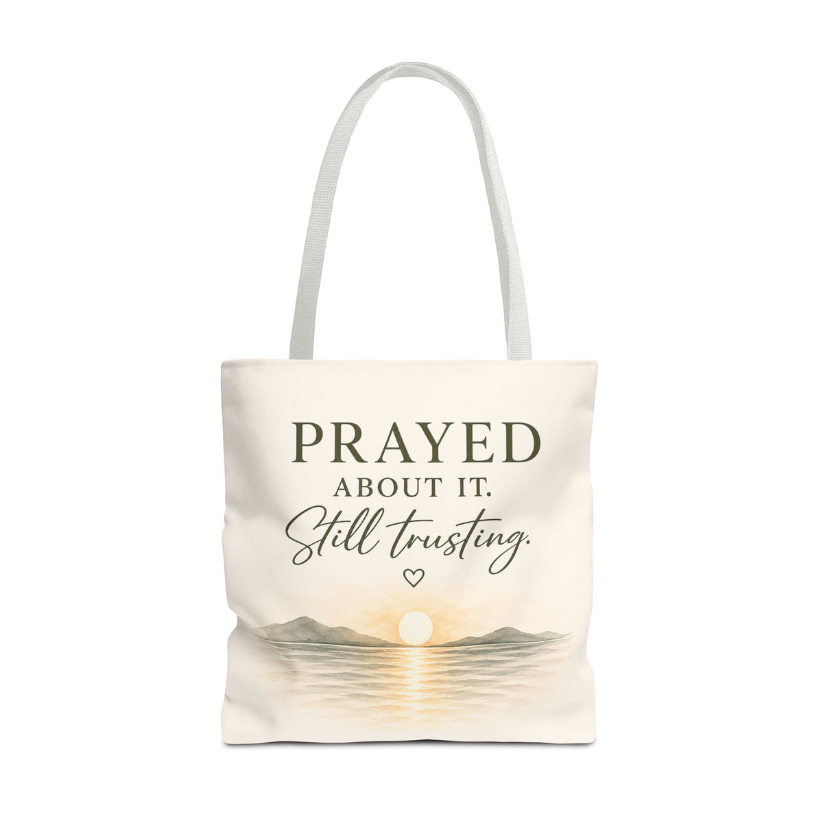 Prayed About It. Still Trusting.™ Double-Sided Faith Tote Bag | Minimalist Christian Canvas Tote | Coastal Watercolor Gift for Women
