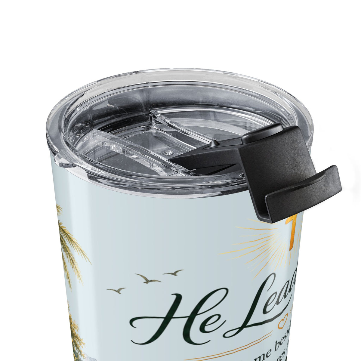 He Leads Me Coastal Scripture Tumbler | Psalm 23:2–3 | 20 oz Insulated Christian Travel Cup
