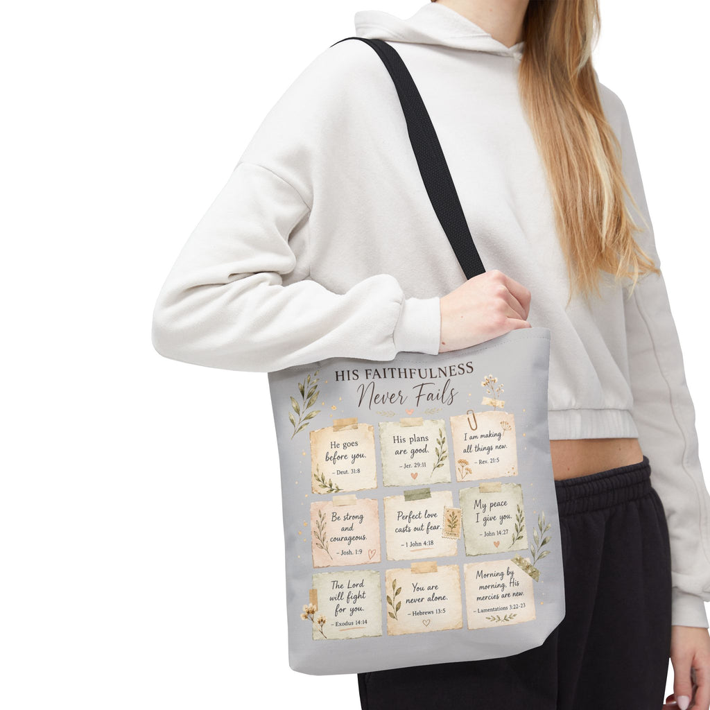 His Faithfulness Never Fails™ Double-Sided Christian Tote Bag | Scripture Promise Canvas Tote | Bible Study Bag | Faith Gift for Women
