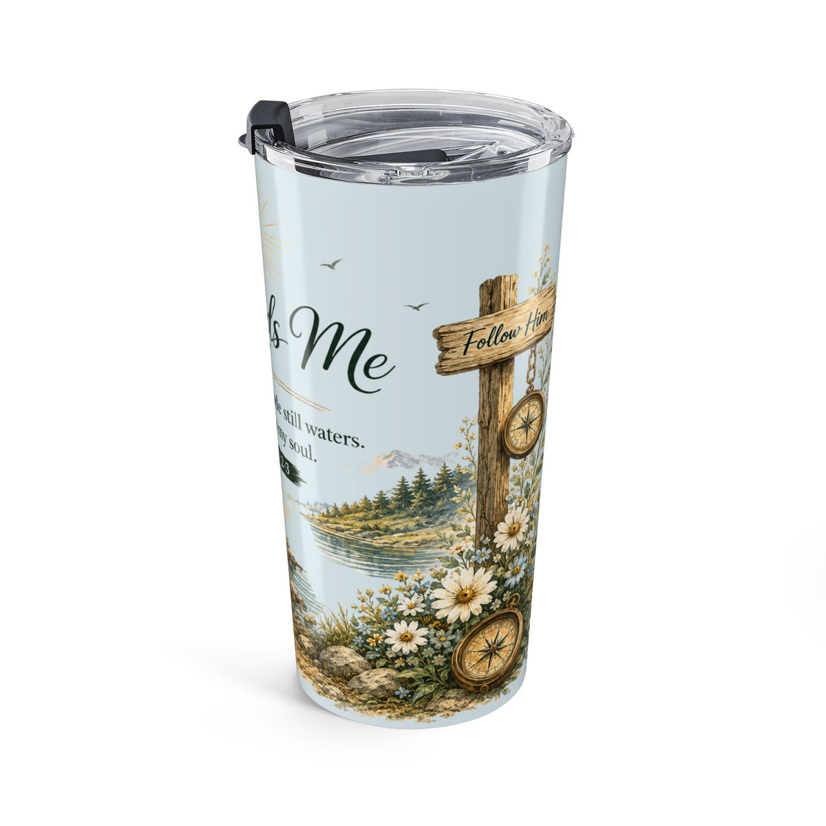 He Leads Me Coastal Scripture Tumbler | Psalm 23:2–3 | 20 oz Insulated Christian Travel Cup