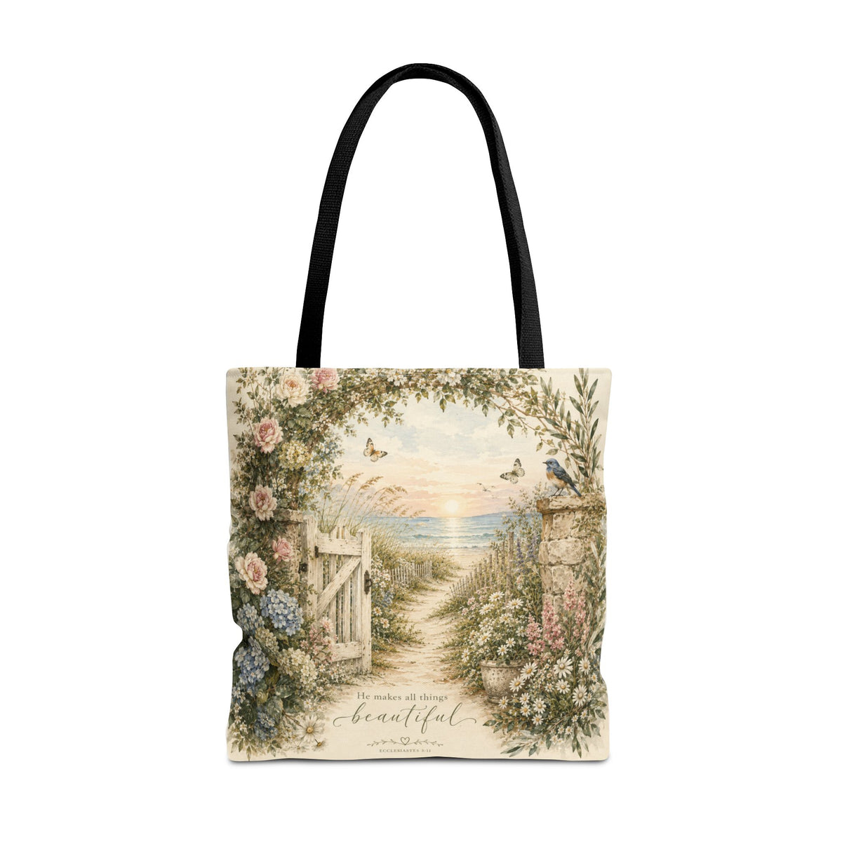 Secret Garden to the Sea™ Double-Sided Coastal Tote Bag | Botanical Beach Canvas Tote | Cottagecore Market Bag | Elegant Gift for Women